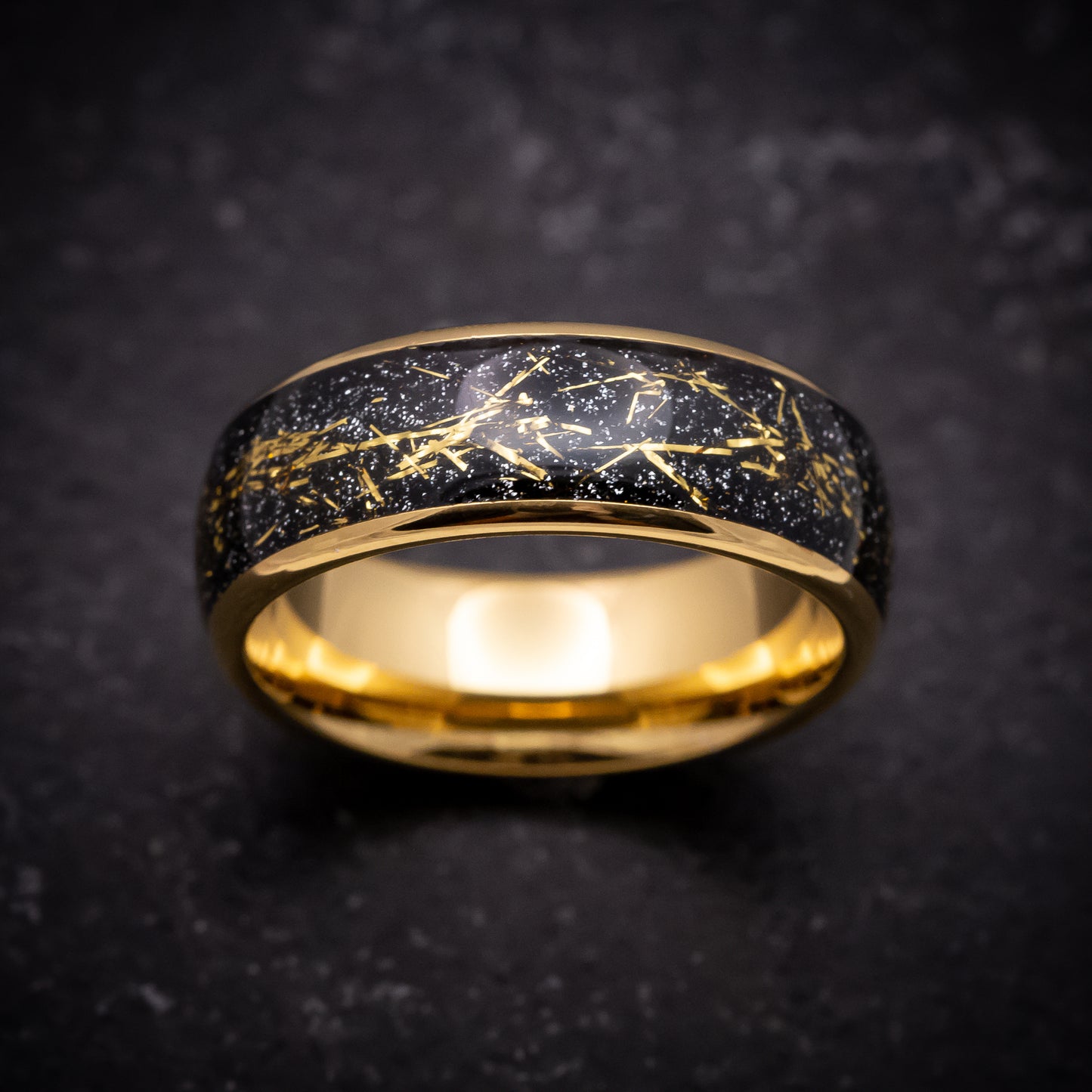 Yellow Gold Tungsten Ring with Black and Gold Galaxy Inlay