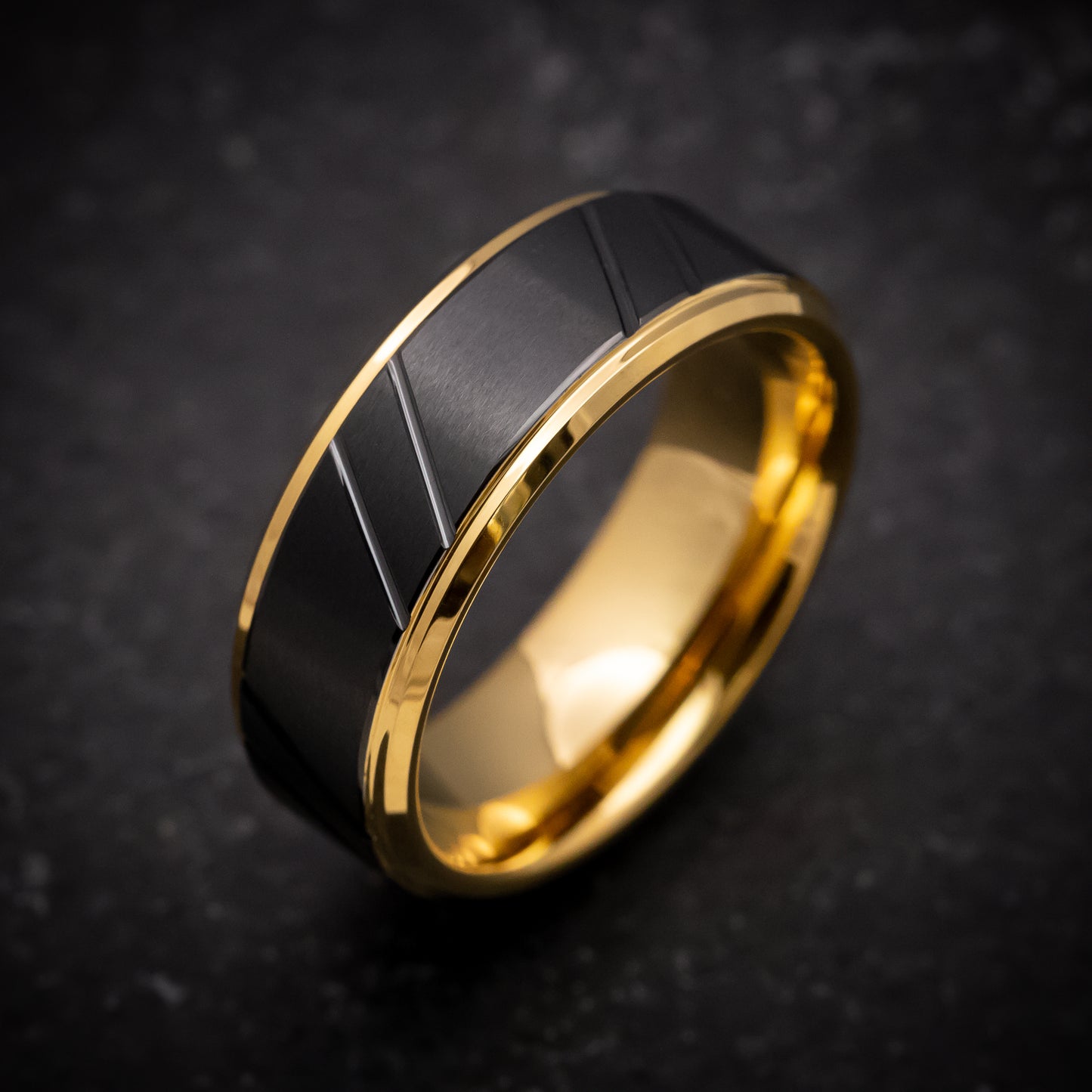 Yellow Gold Tungsten Ring with Black Tungsten Inlay