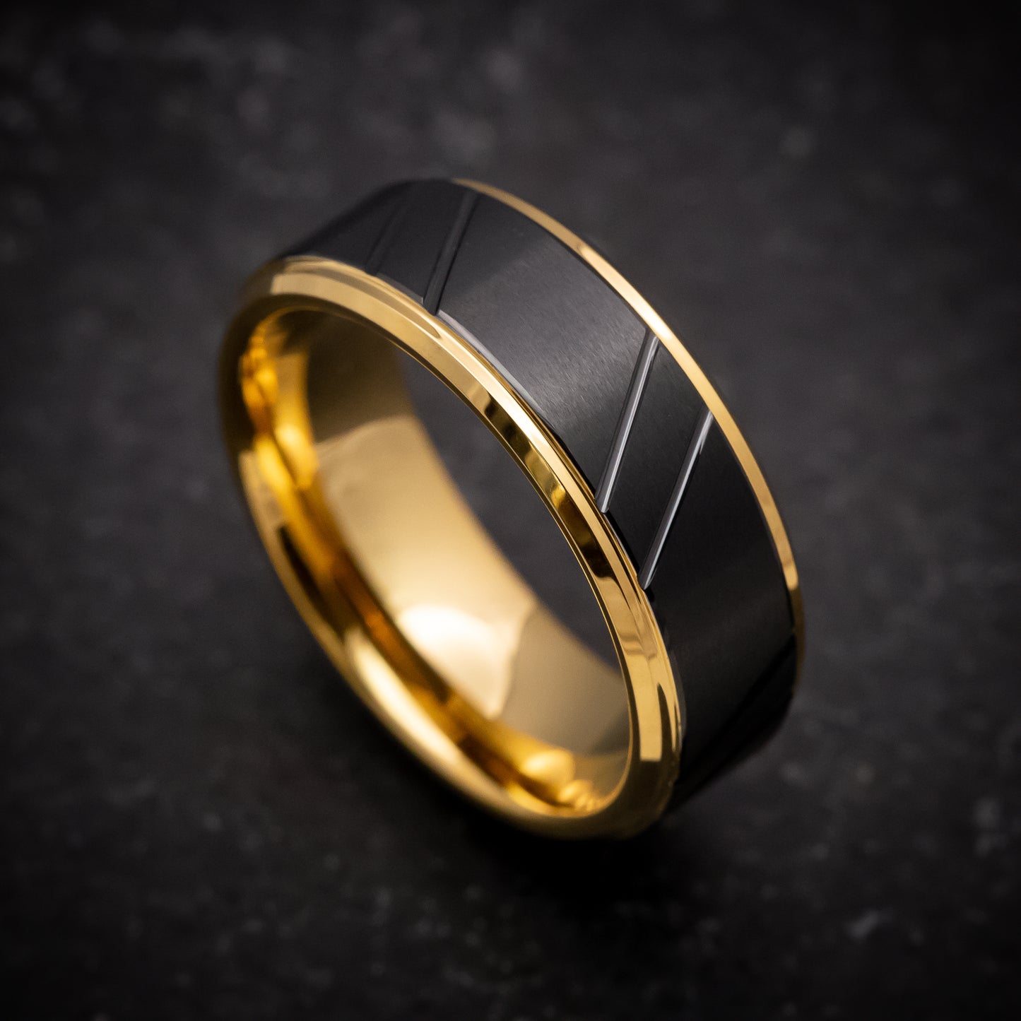 Yellow Gold Tungsten Ring with Black Tungsten Inlay