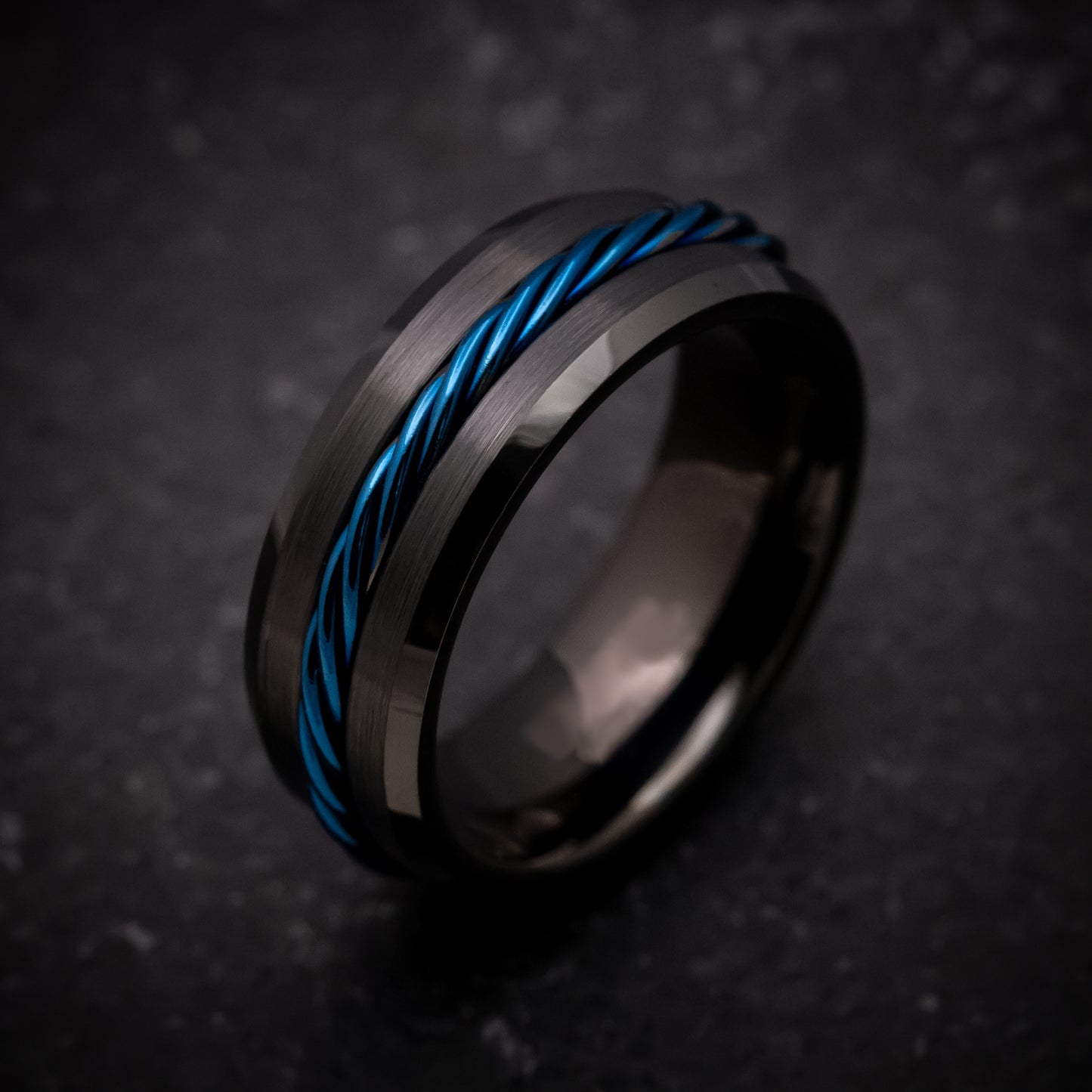 Black Tungsten Ring with Anodized Blue Rope Inlay