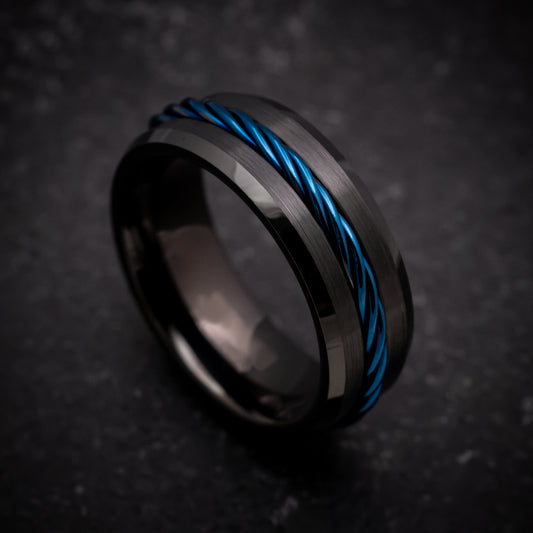 Black Tungsten Ring with Anodized Blue Rope Inlay