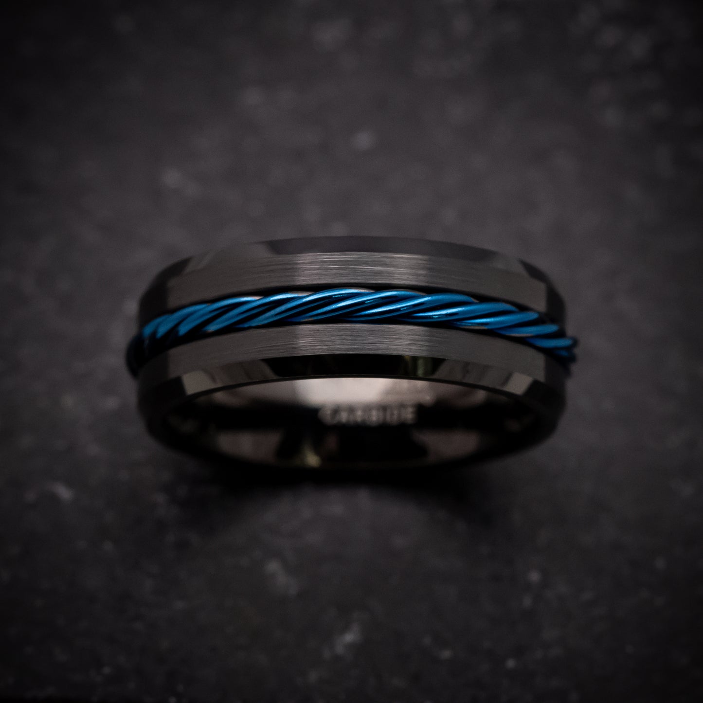 Black Tungsten Ring with Anodized Blue Rope Inlay