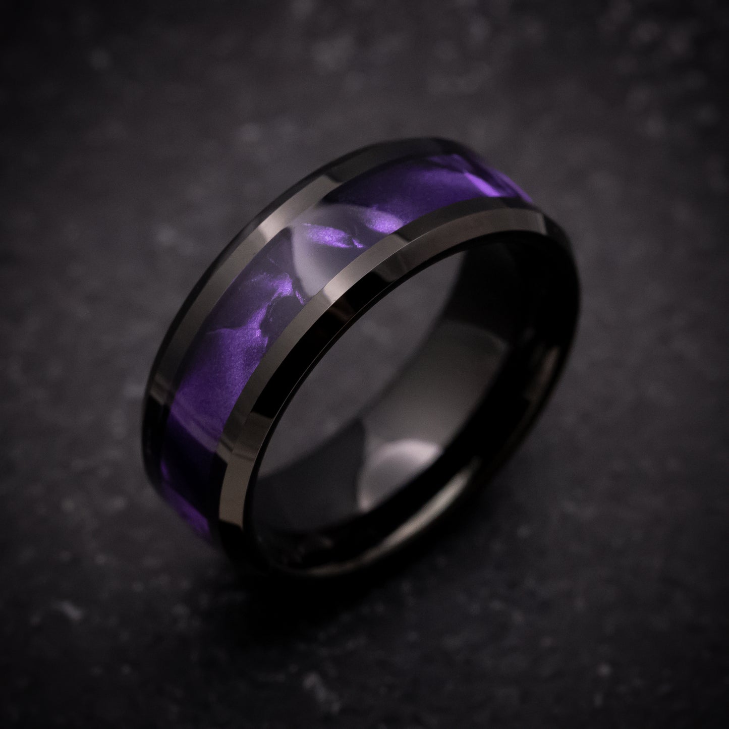 Black Tungsten Ring with Purple Cypraea Tigris Inlay