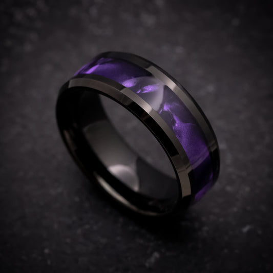 Black Tungsten Ring with Purple Cypraea Tigris Inlay