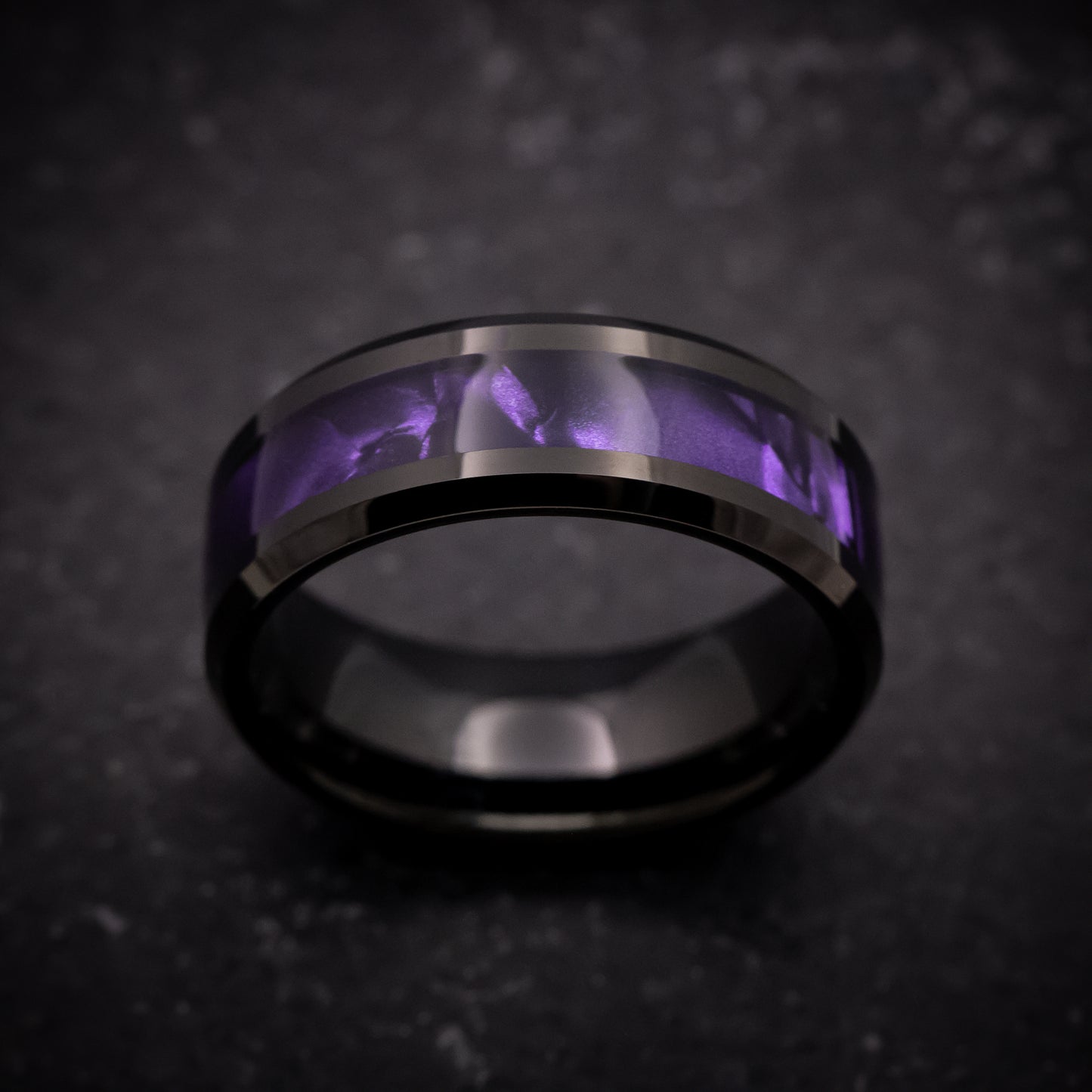 Black Tungsten Ring with Purple Cypraea Tigris Inlay