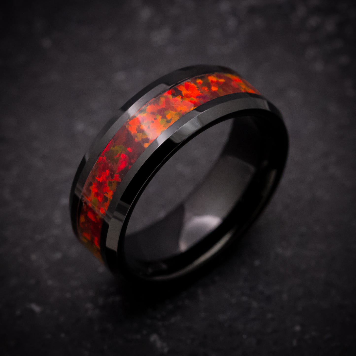 Black Tungsten Ring with Red Fire Opal Inlay