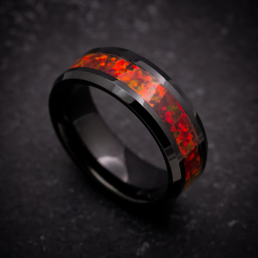 Black Tungsten Ring with Red Fire Opal Inlay