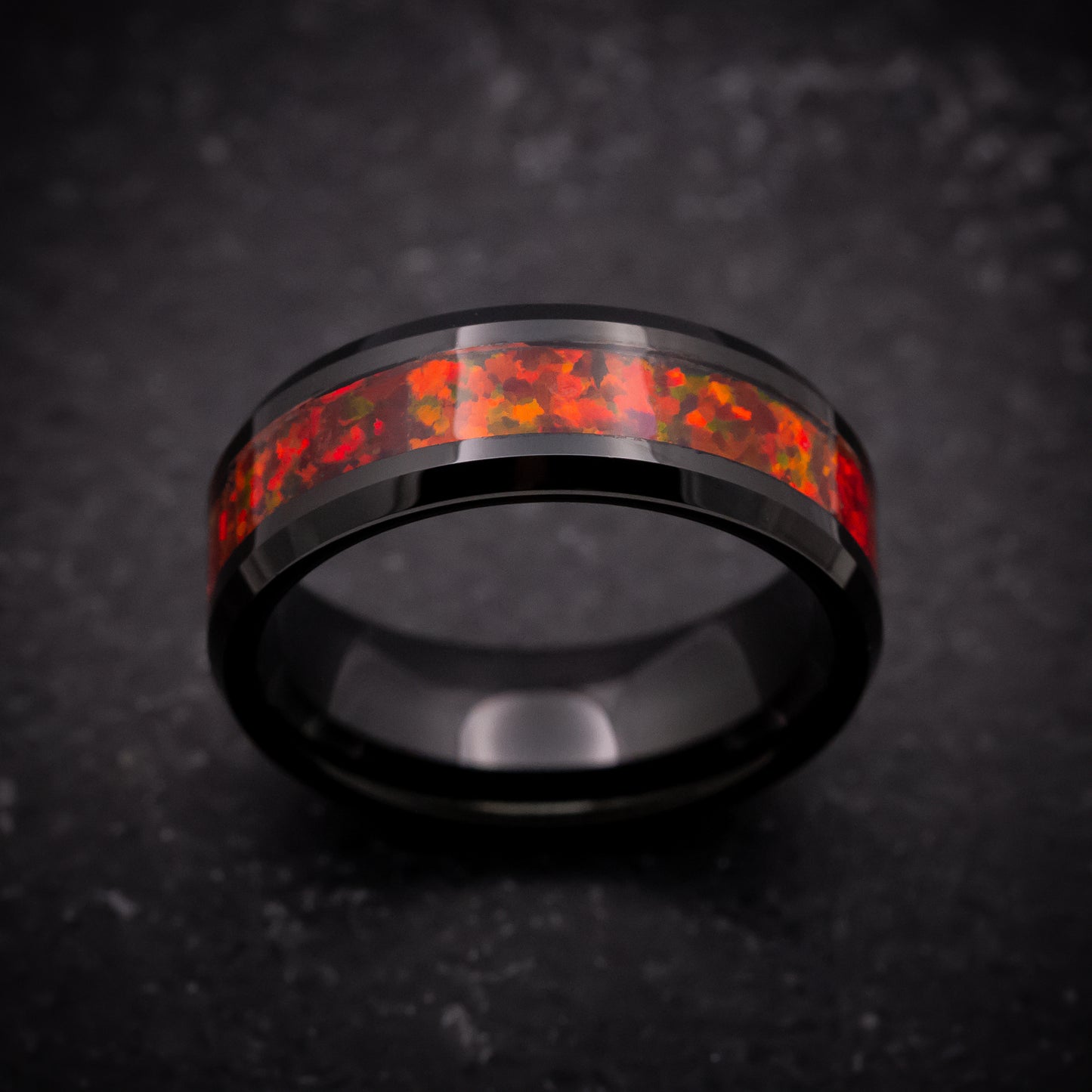 Black Tungsten Ring with Red Fire Opal Inlay