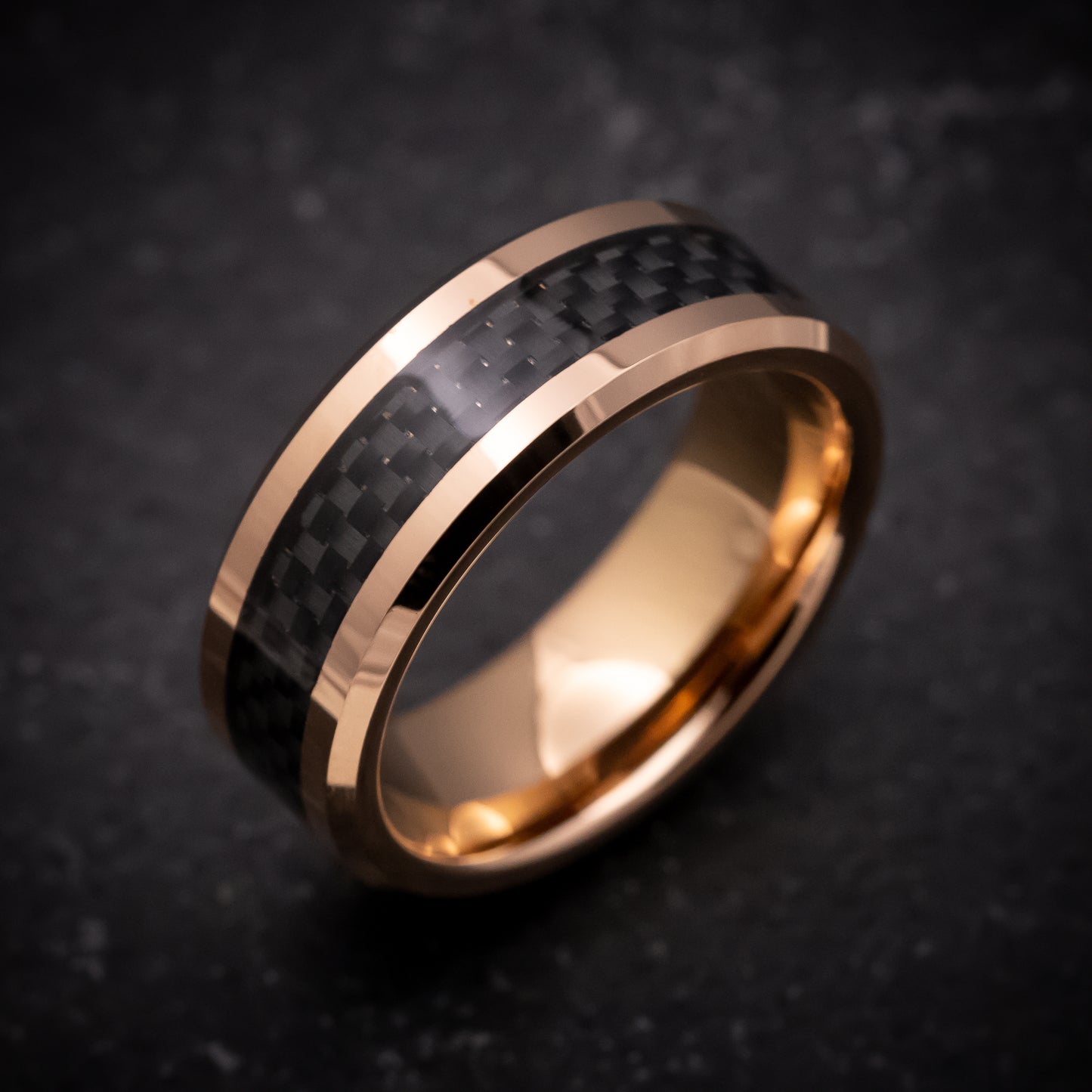 Rose Gold Tungsten Ring with Carbon Fiber Inlay