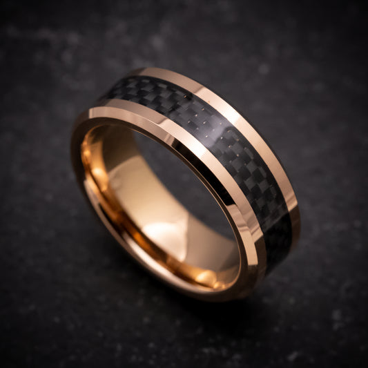 Rose Gold Tungsten Ring with Carbon Fiber Inlay