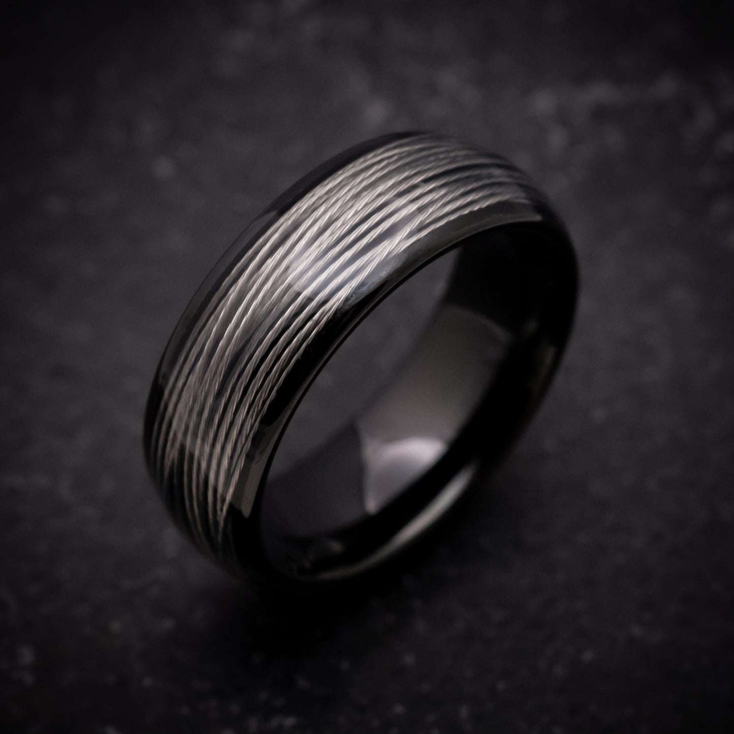 Black Tungsten Ring with Silver Wire Inlay