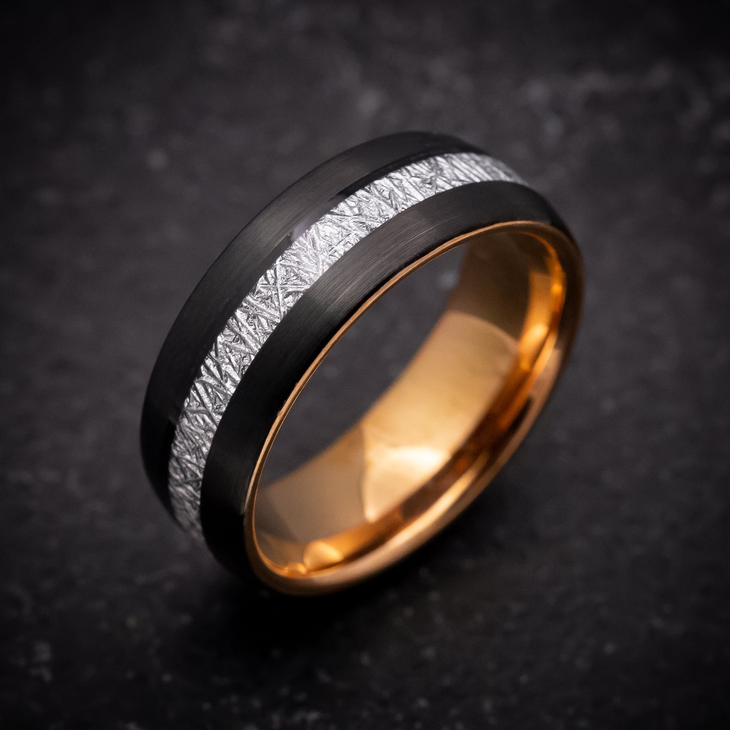 Black and Rose Gold Tungsten Ring with Faux Meteorite Inlay