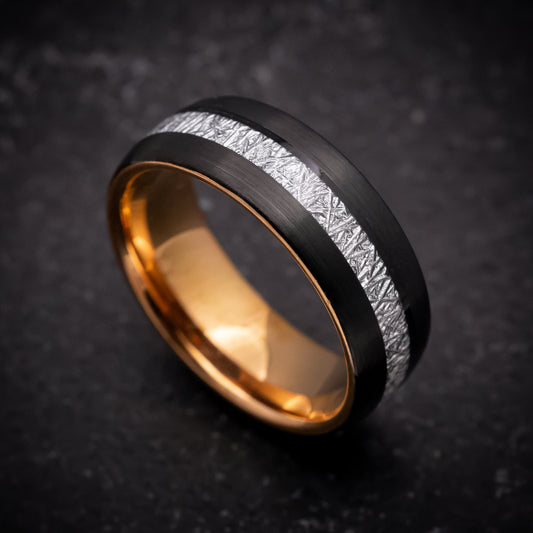 Black and Rose Gold Tungsten Ring with Faux Meteorite Inlay