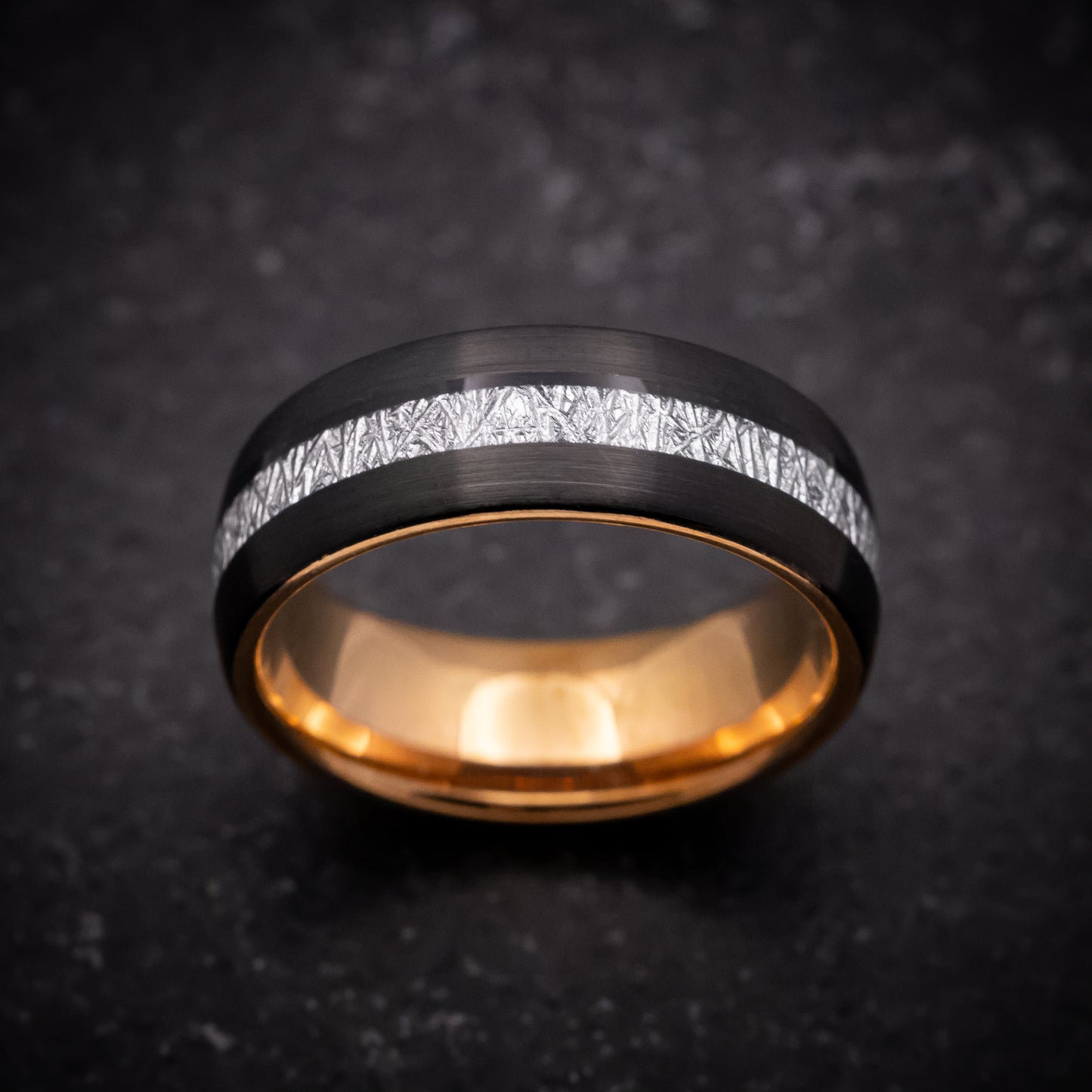 Black and Rose Gold Tungsten Ring with Faux Meteorite Inlay