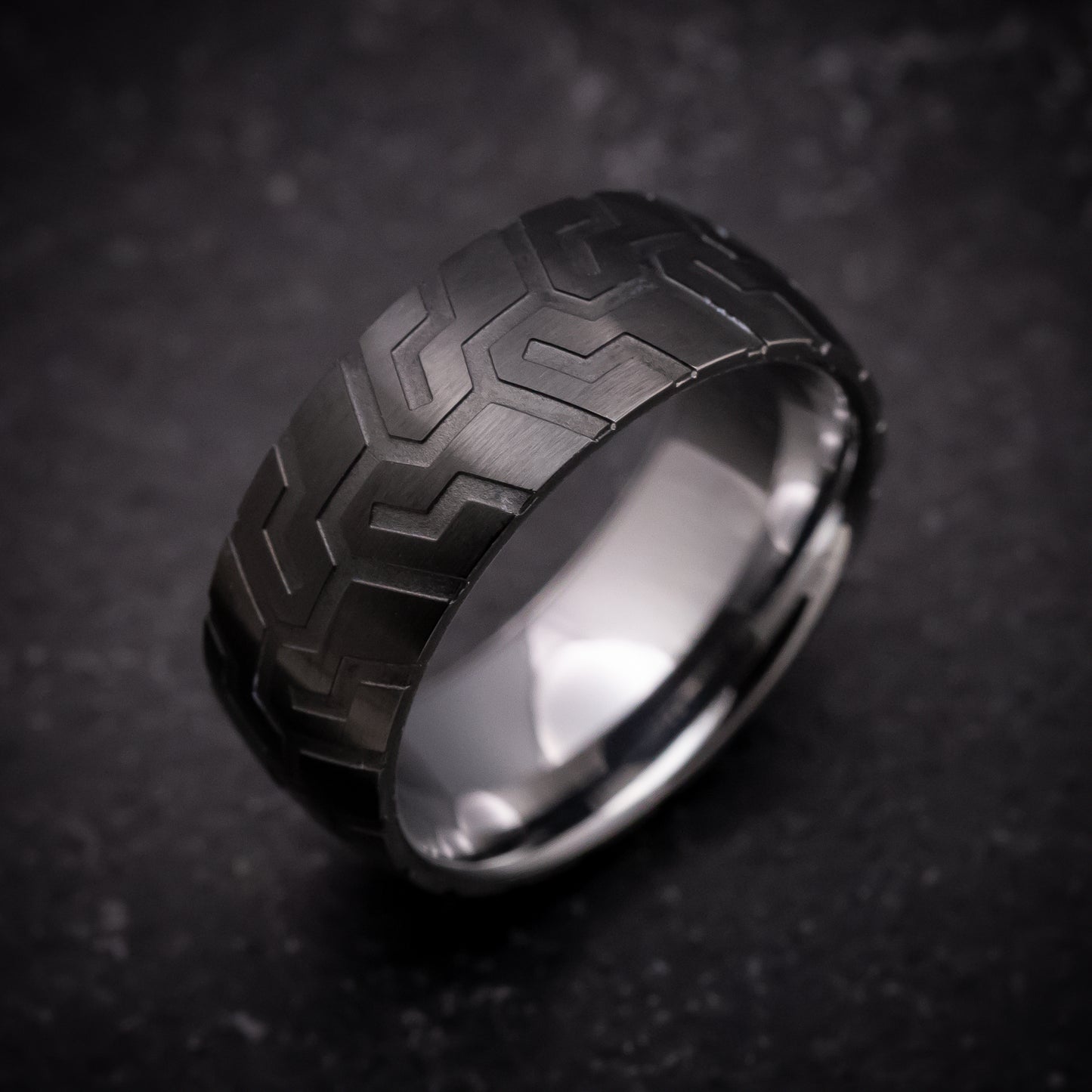 Black Tungsten Ring with Tire Tread Pattern