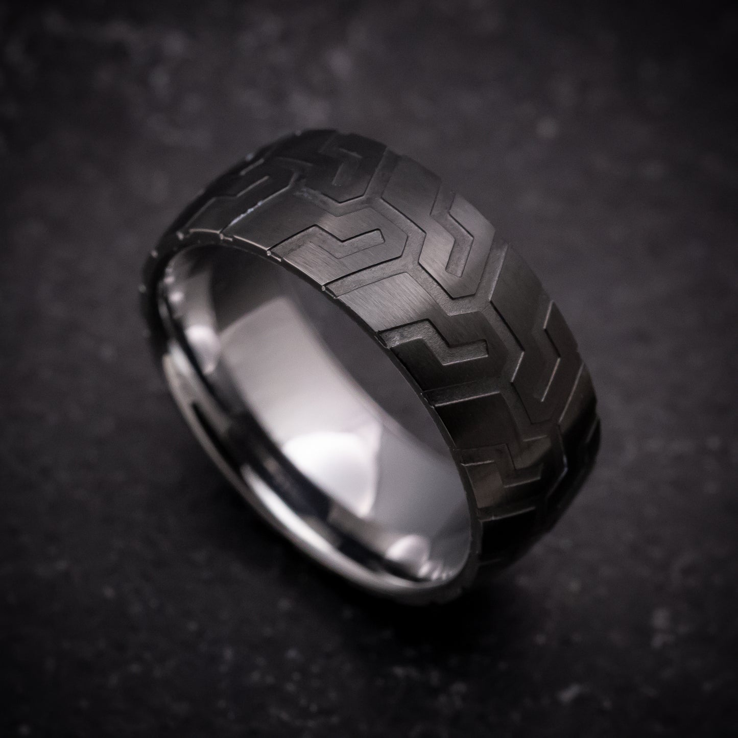 Black Tungsten Ring with Tire Tread Pattern