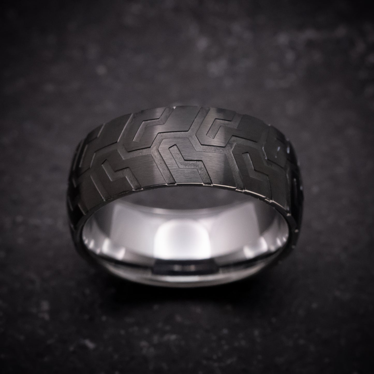 Black Tungsten Ring with Tire Tread Pattern