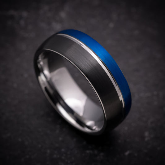 Black Tungsten Ring with Anodized Blue Accent