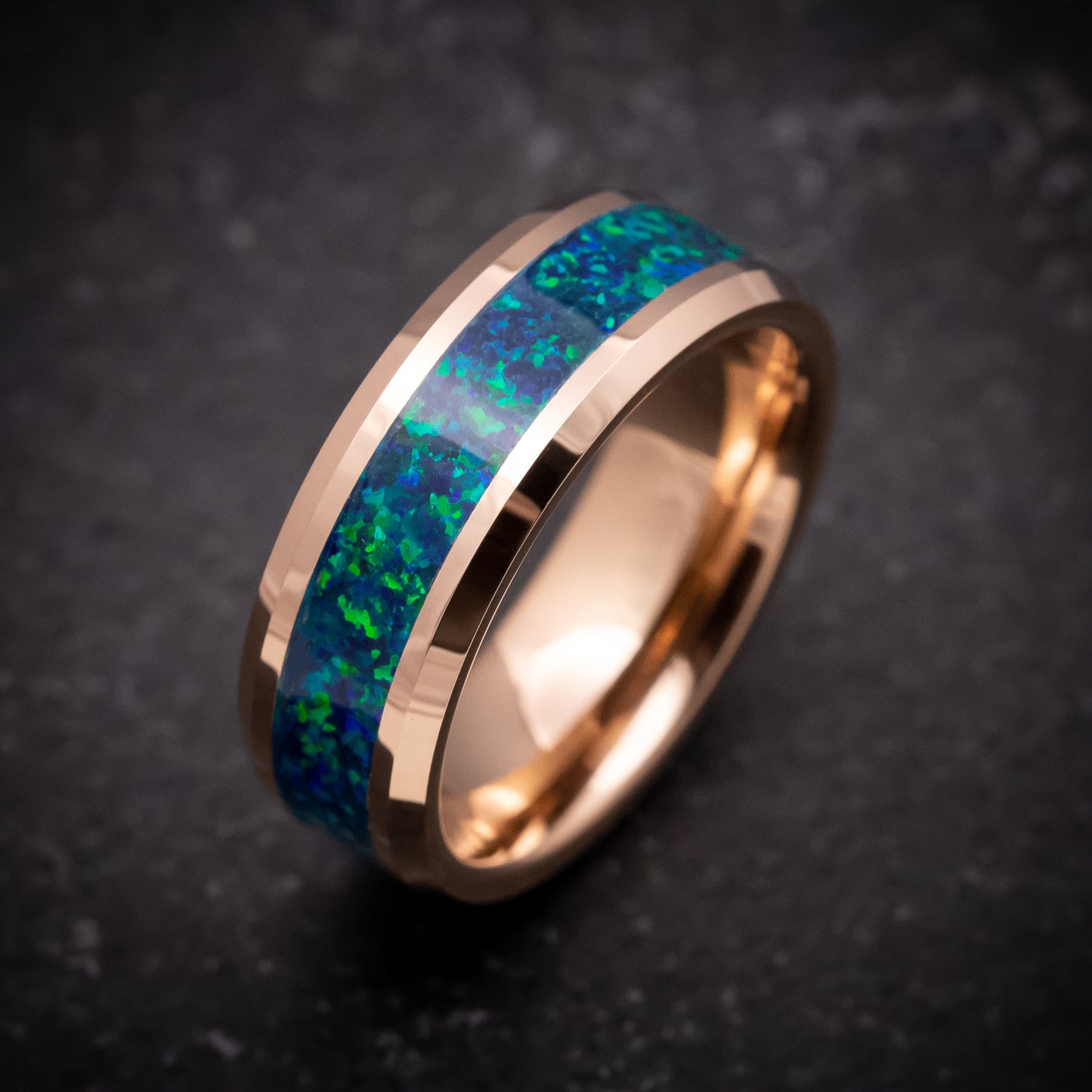 Rose Gold Tungsten Ring with Opal Inlay