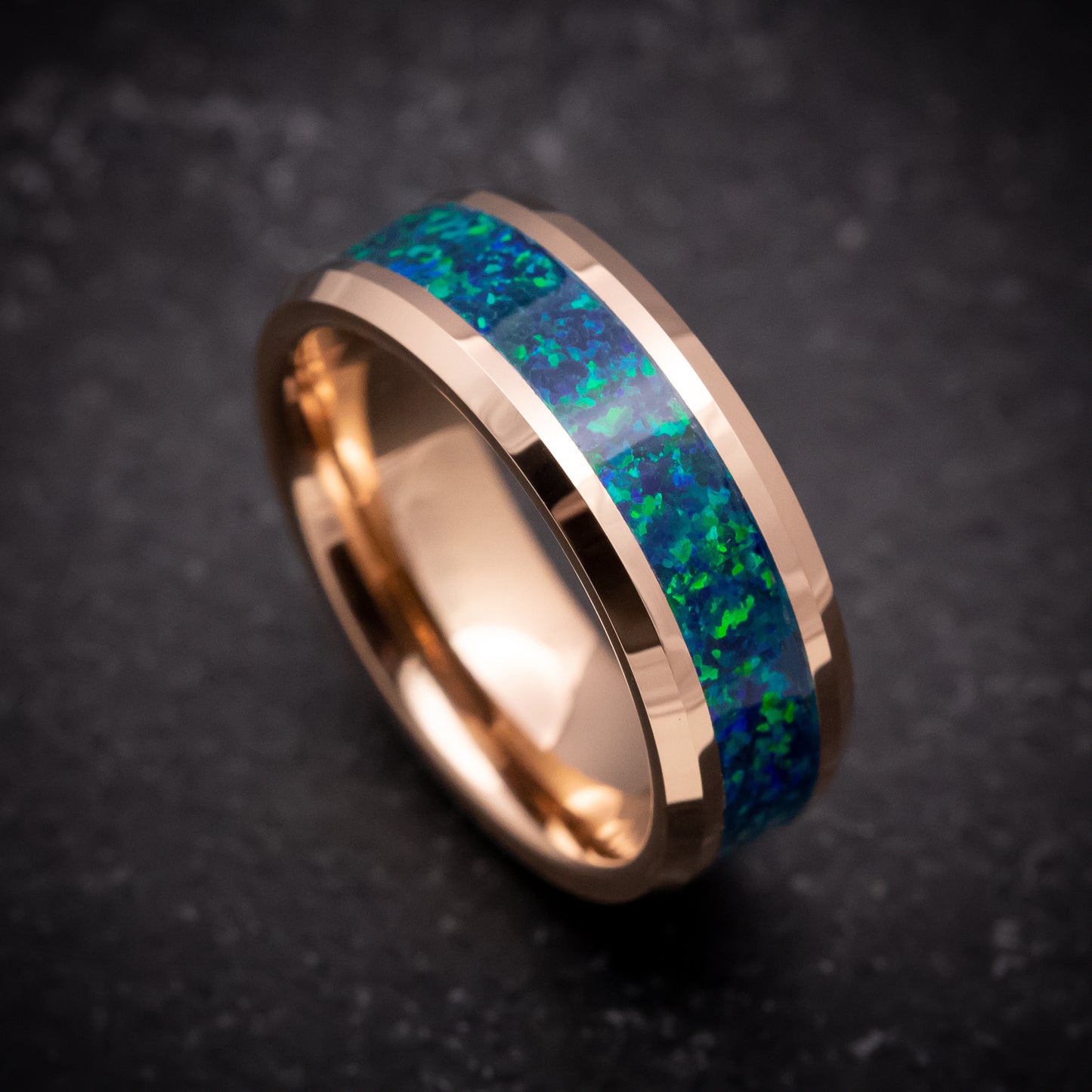 Rose Gold Tungsten Ring with Opal Inlay