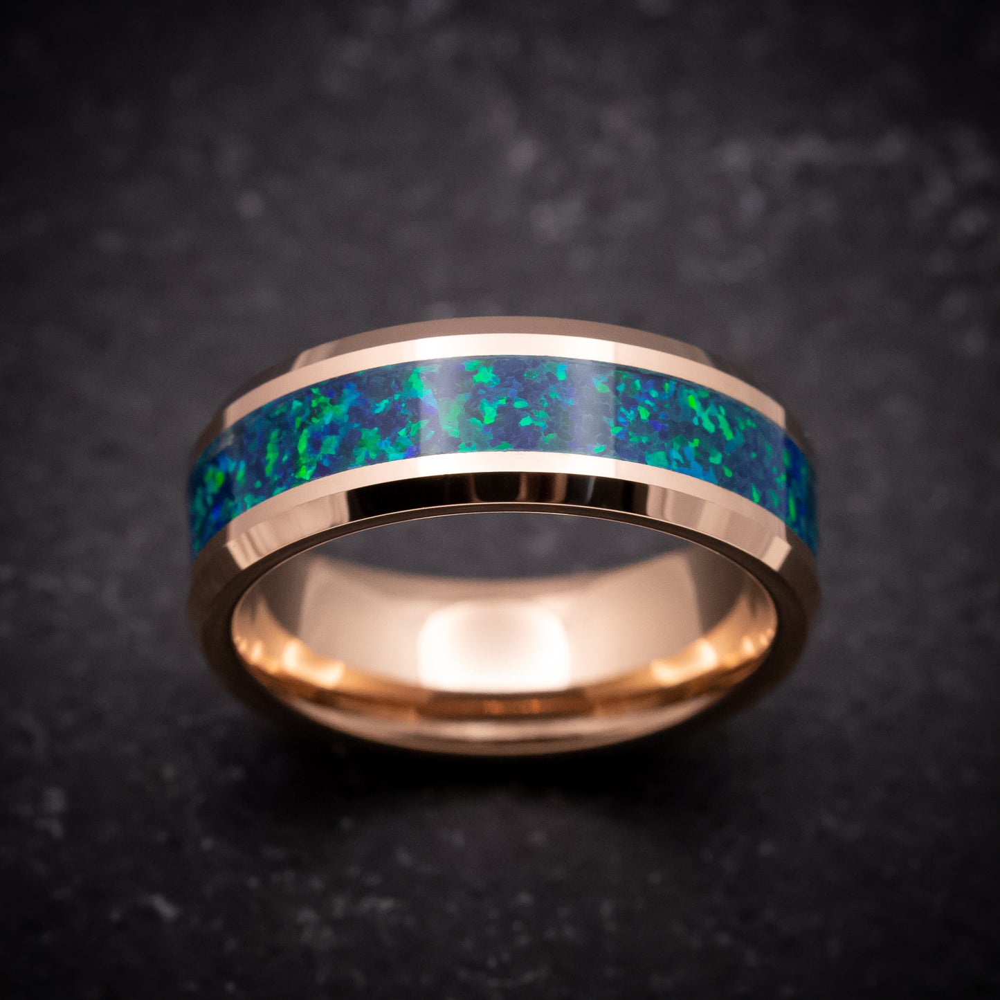 Rose Gold Tungsten Ring with Opal Inlay