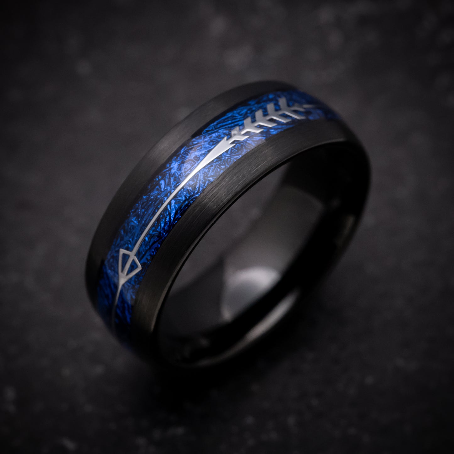 Black Tungsten Ring with Blue Anodized Arrow Inlay