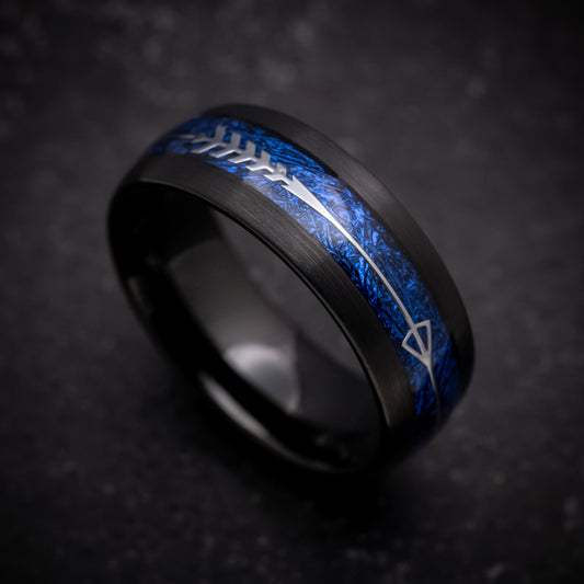 Black Tungsten Ring with Blue Anodized Arrow Inlay