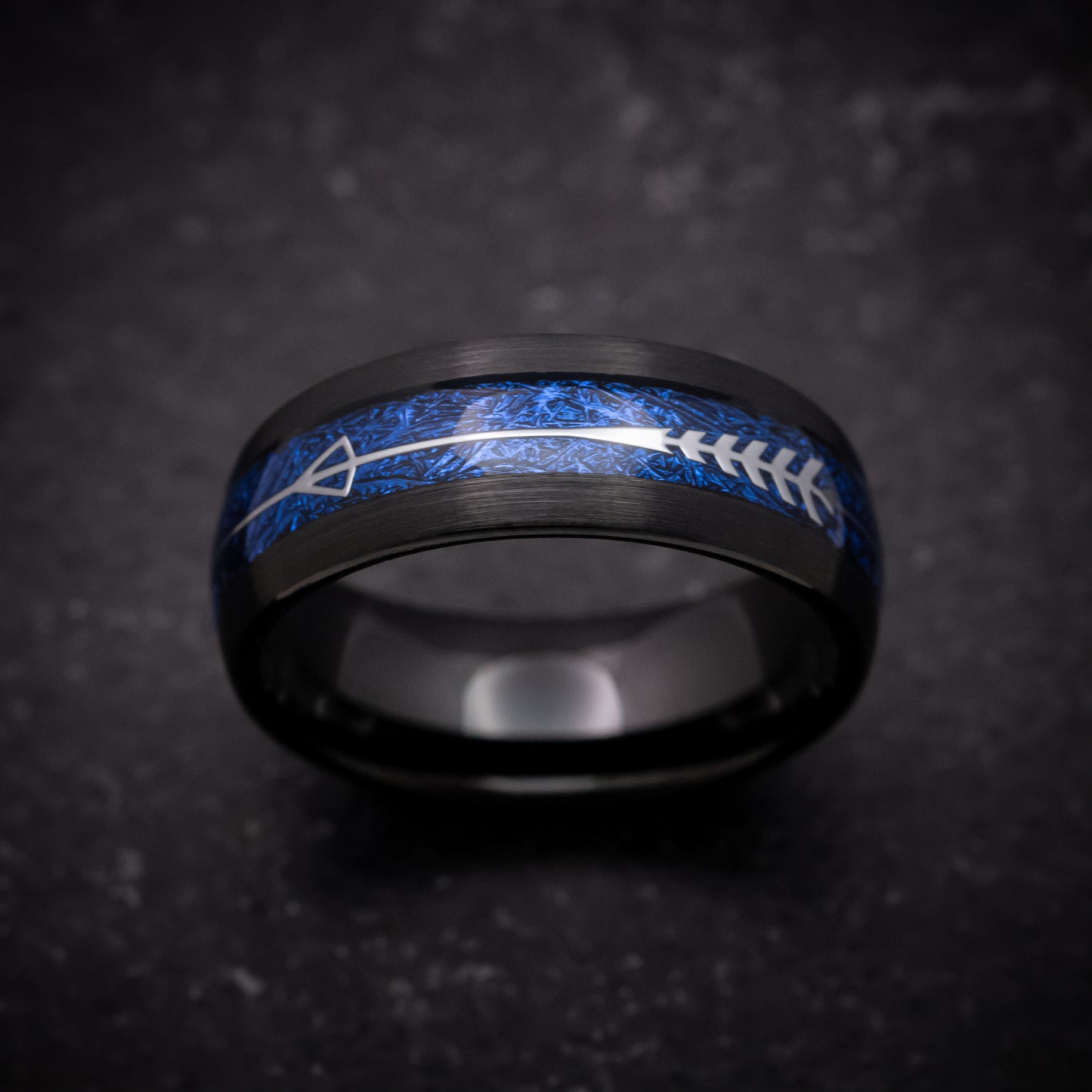 Black Tungsten Ring with Blue Anodized Arrow Inlay