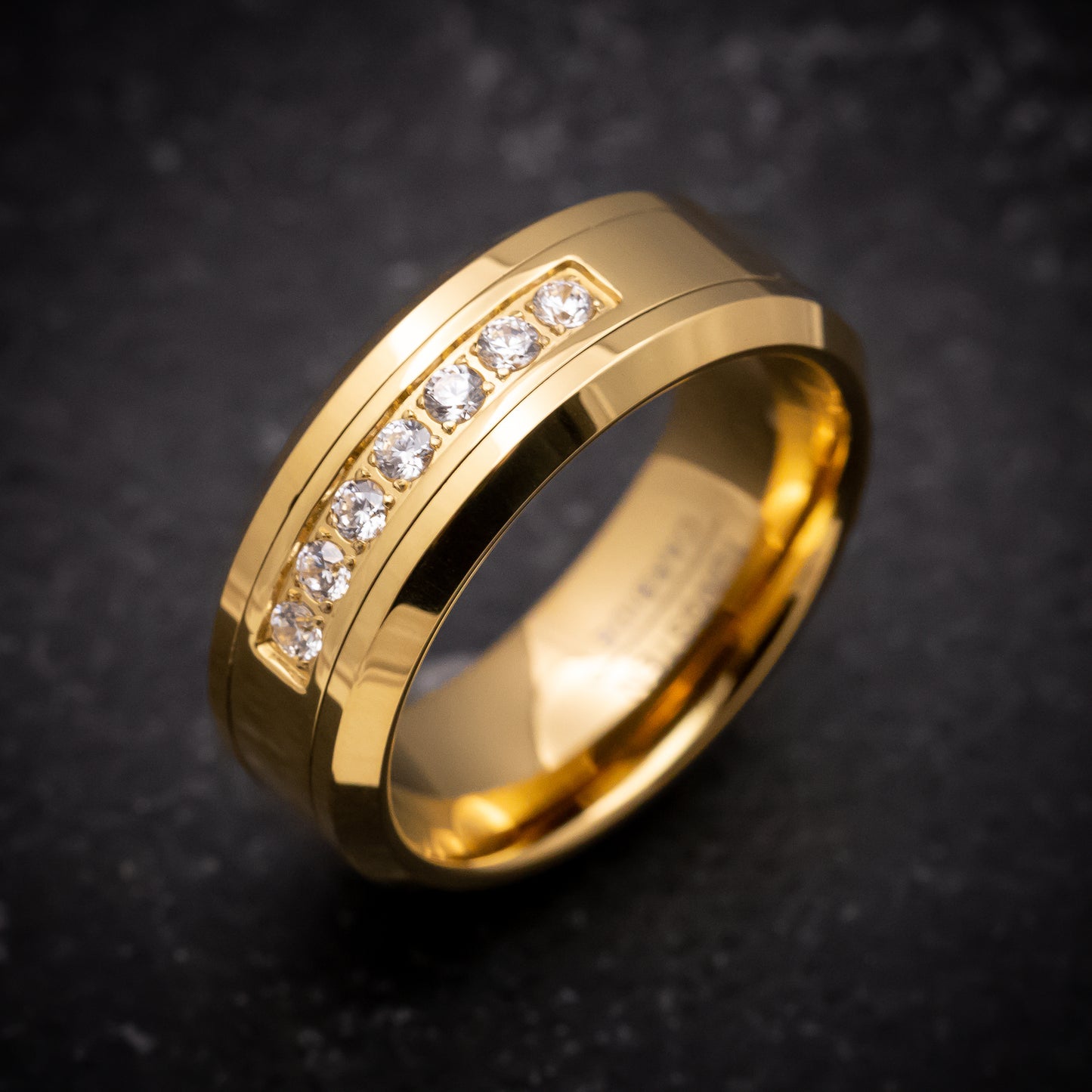 Yellow Gold Tungsten Ring with White Stones