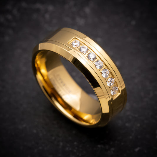 Yellow Gold Tungsten Ring with White Stones