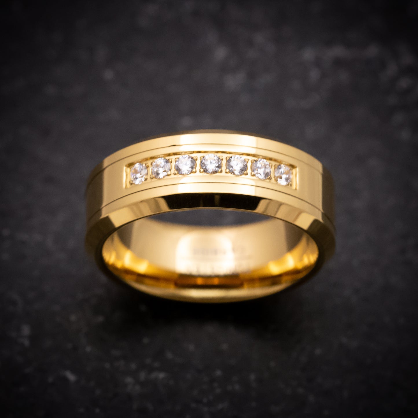 Yellow Gold Tungsten Ring with White Stones