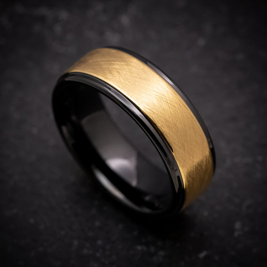 Black Tungsten Ring with Yellow Gold Inlay