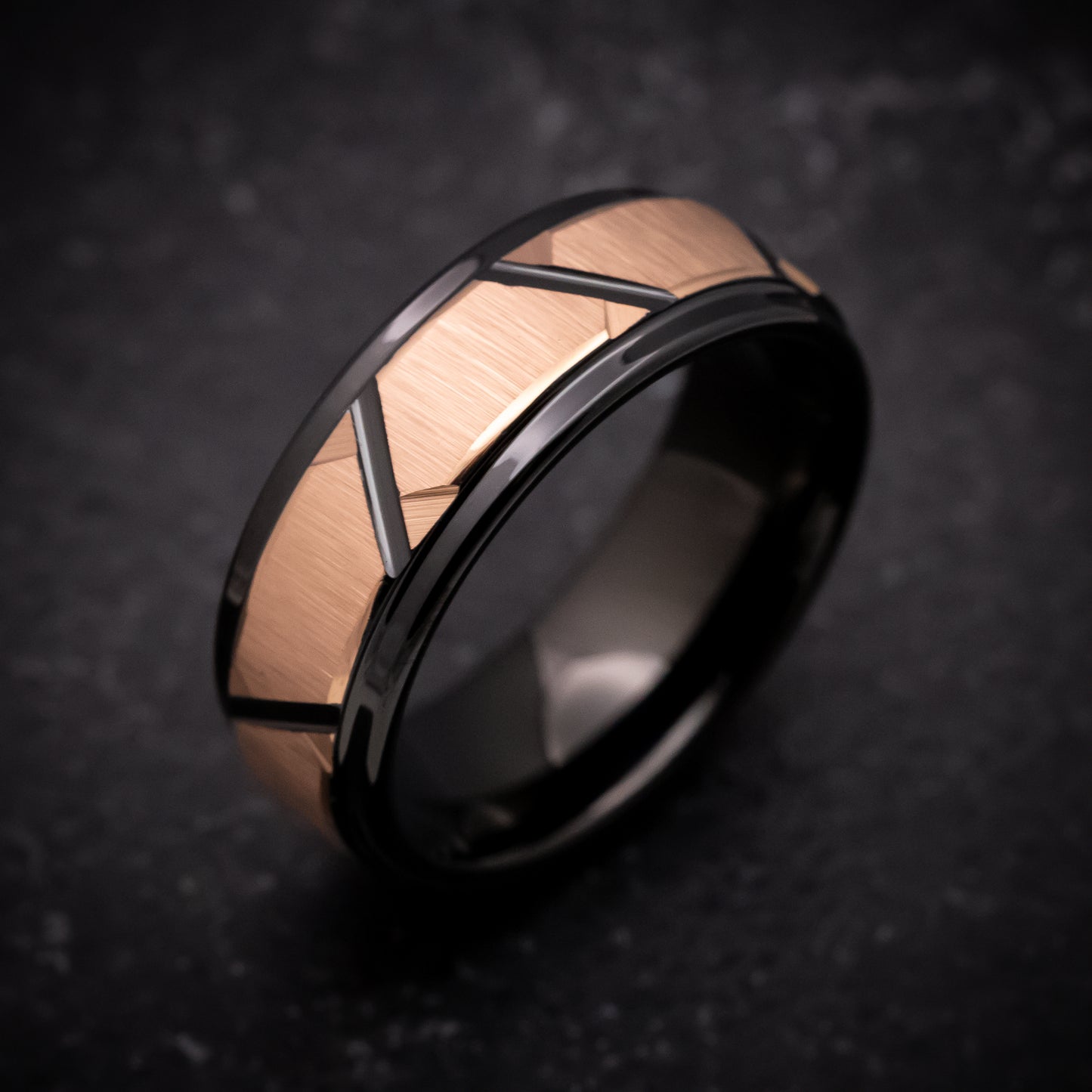 Black Tungsten Ring with Rose Gold Geometric Pattern