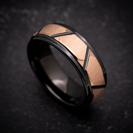 Black Tungsten Ring with Rose Gold Geometric Pattern