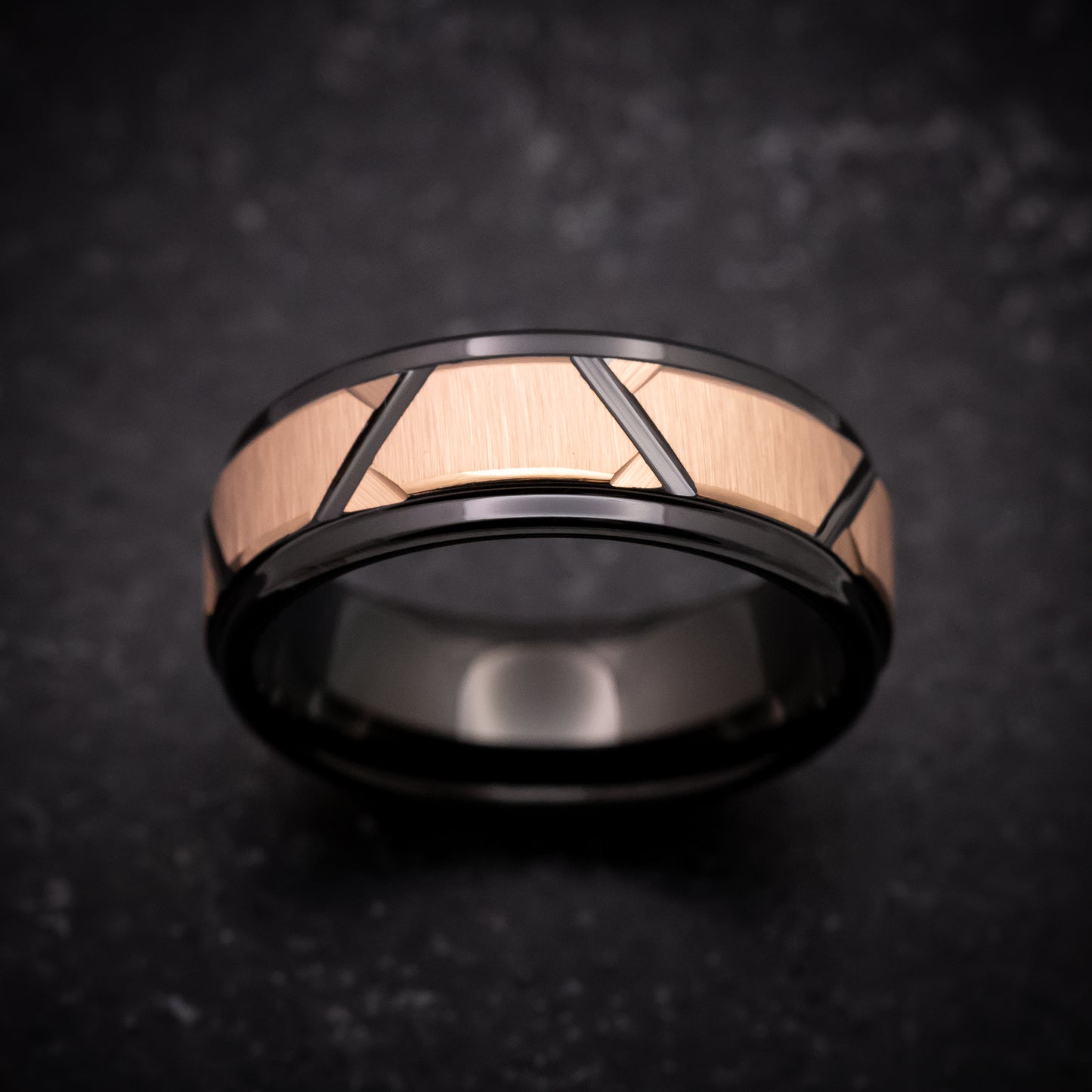 Black Tungsten Ring with Rose Gold Geometric Pattern