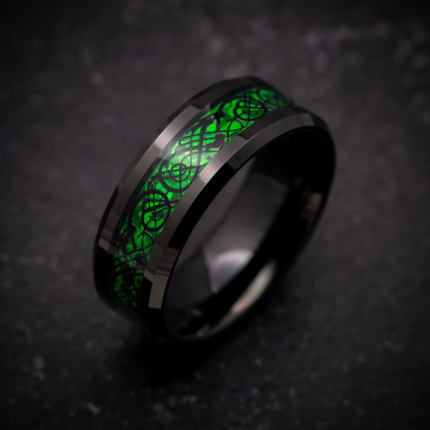 Black Tungsten Ring with Celtic Green Dragon Inlay