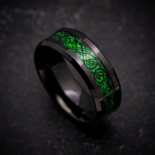 Black Tungsten Ring with Celtic Green Dragon Inlay