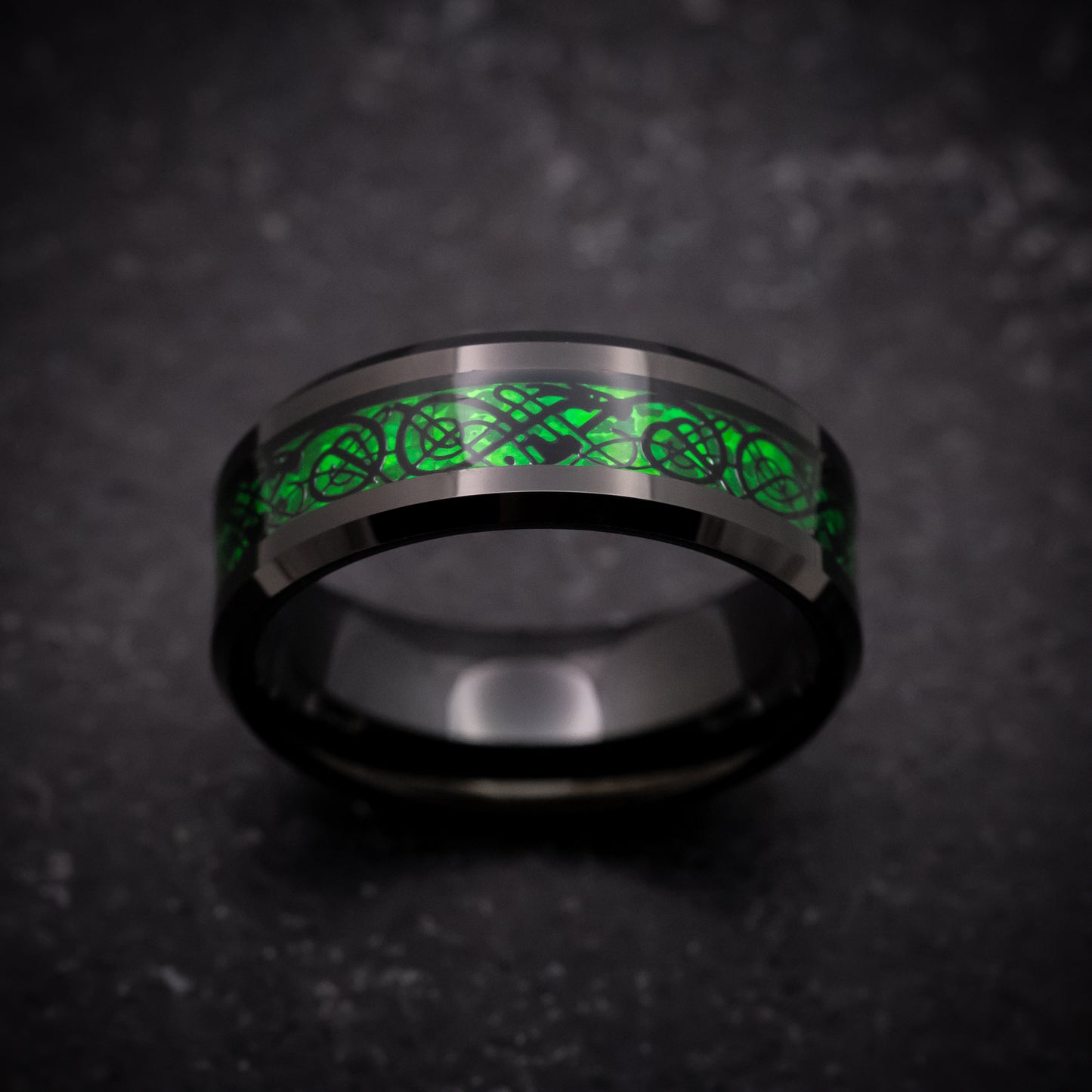 Black Tungsten Ring with Celtic Green Dragon Inlay