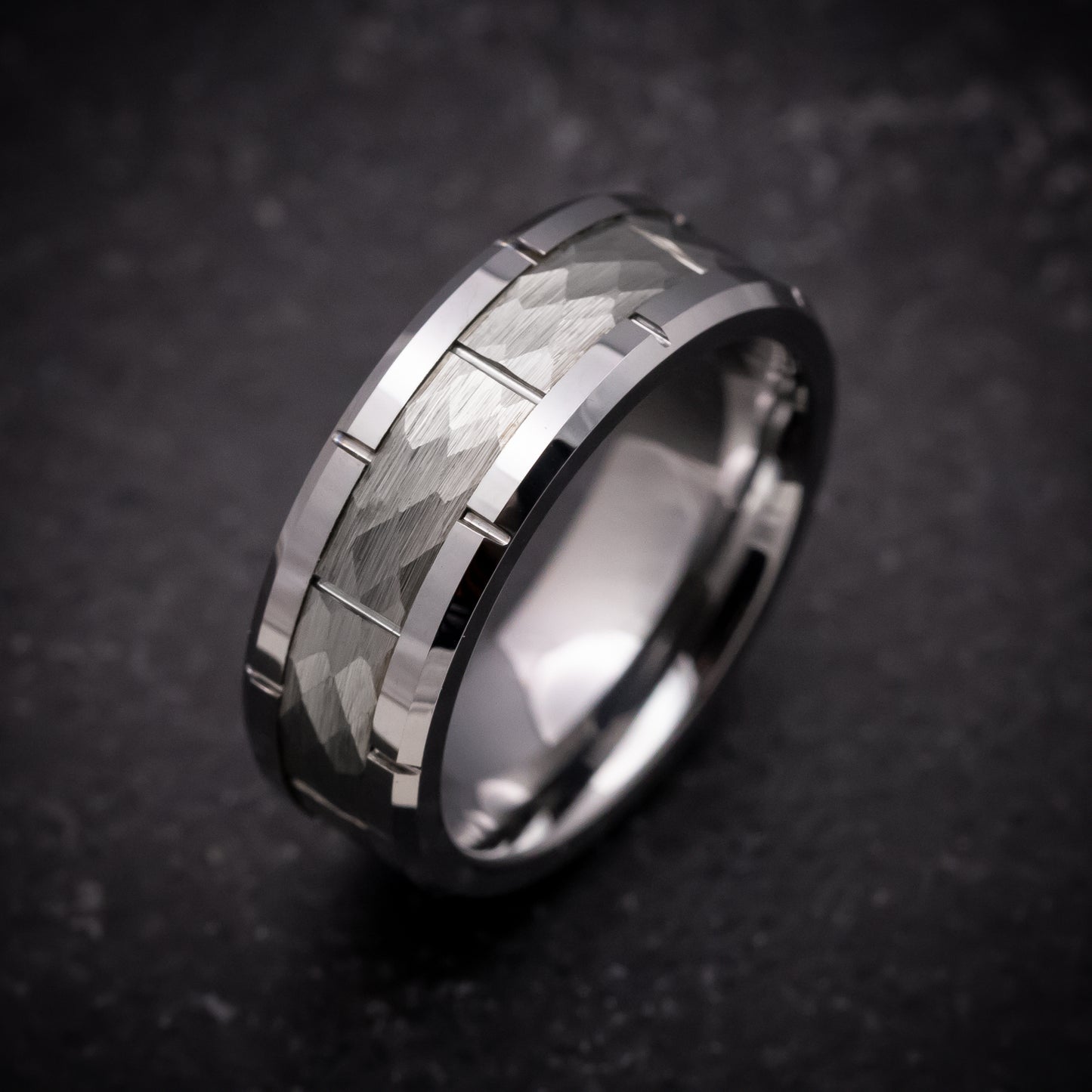 Tungsten Ring with Hammered Inlay