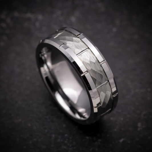 Tungsten Ring with Hammered Inlay