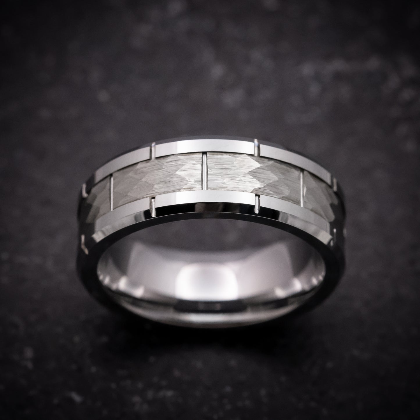 Tungsten Ring with Hammered Inlay