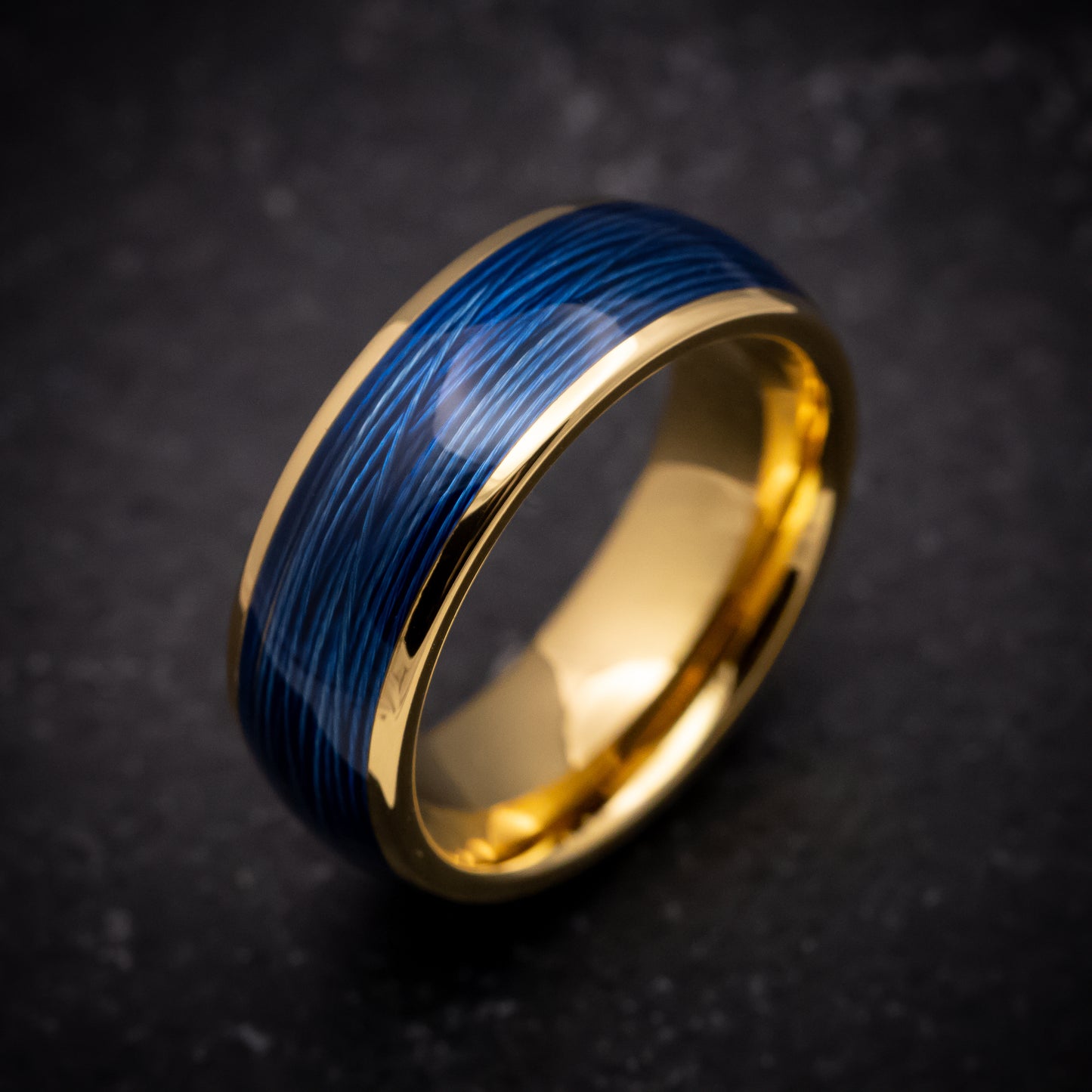 Yellow Gold Tungsten Ring with Blue Wire Inlay