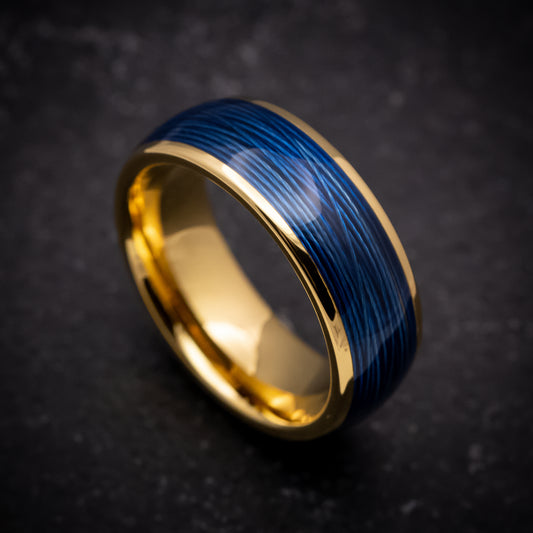 Yellow Gold Tungsten Ring with Blue Wire Inlay