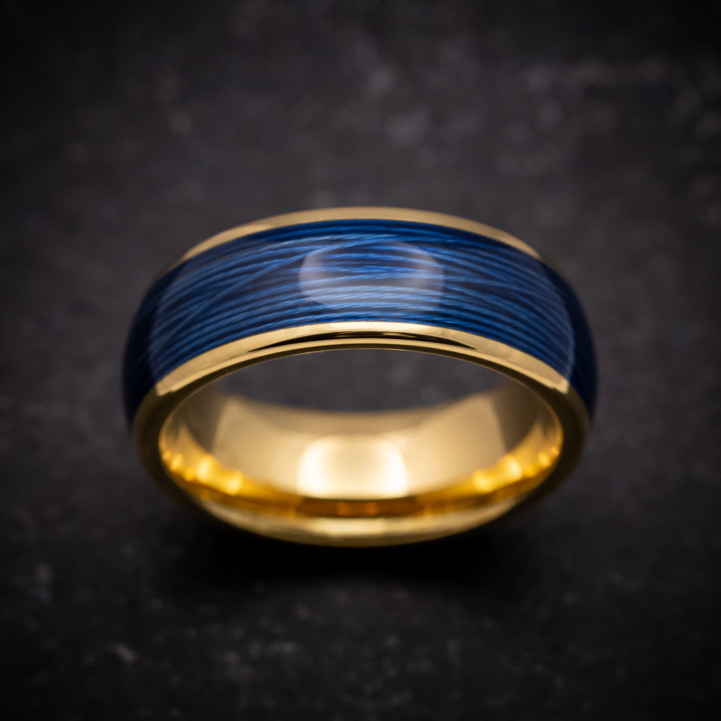 Yellow Gold Tungsten Ring with Blue Wire Inlay